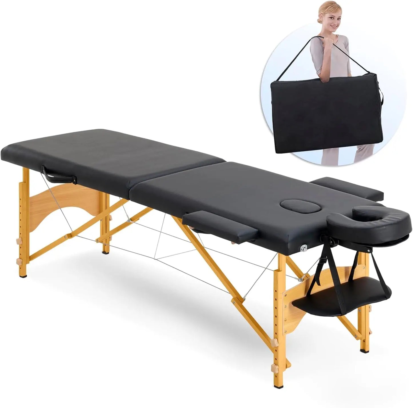 Massage Table Massage Bed 3 Folding Portable Lash Bed for Eyelash Extensions Beauty Tattoo Table Adjustable Black W/Carry Case
