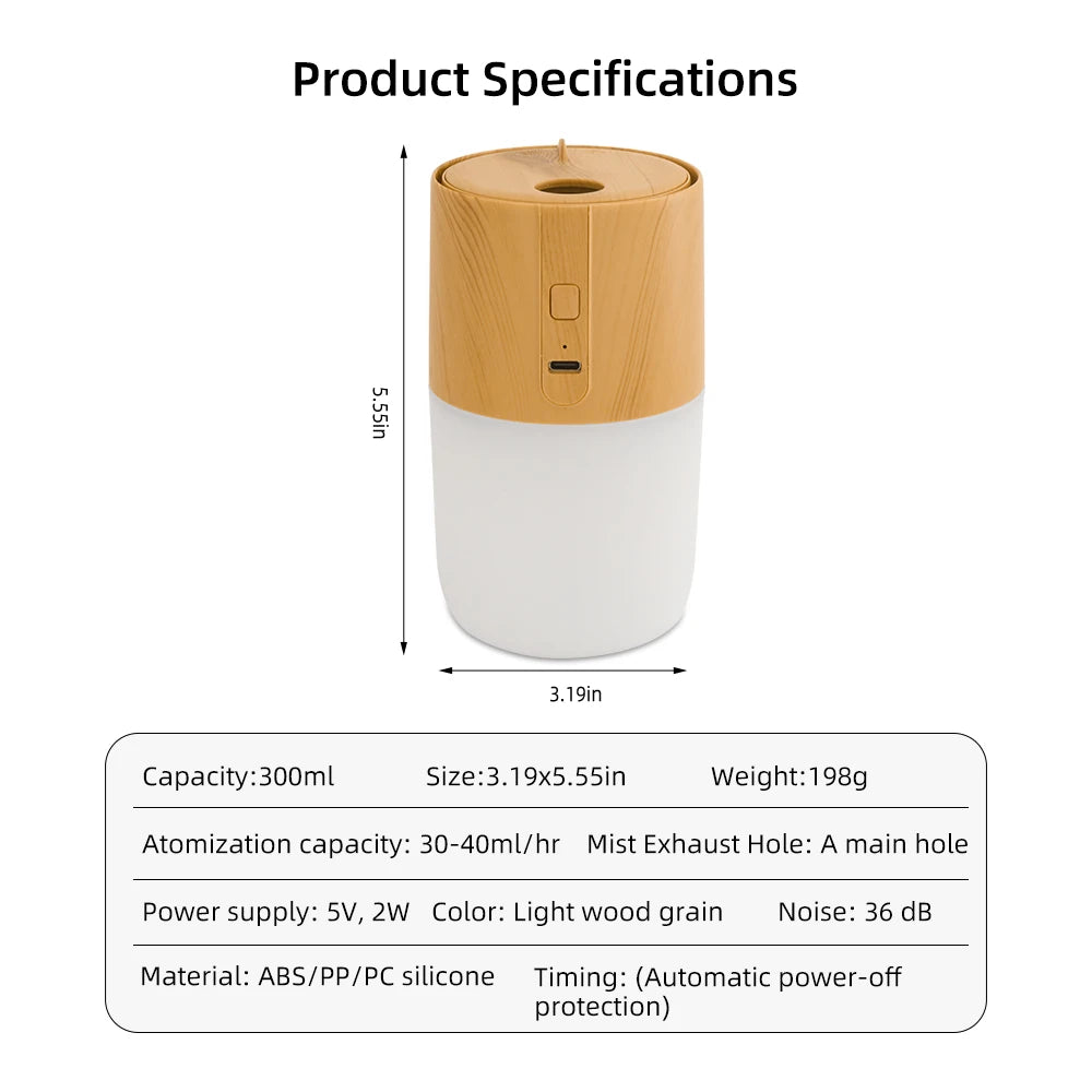 300ml Wood Grain Essential Oil Diffuser with Humidifier, Air Purifier & Soothing LED Lights  Includes  Oils