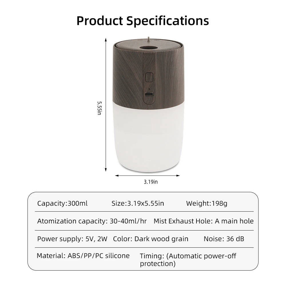 300ml Ultrasonic Aromatherapy Diffuser  Wood Grain Humidifier, 7 Color LED Light, Includes 2 Essential Oils for Home & Office