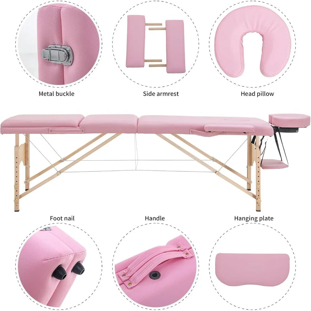 Massage Table Massage Bed 3 Folding Portable Lash Bed for Eyelash Extensions Beauty Tattoo Table Adjustable Black W/Carry Case